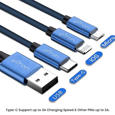 pTron Solero Swing 3 in 1 Fast Charging 2A Cable for Type-C, Micro & iOS Smartphones, Smart Charge 3 Port Data Charging Cable, Power line - (Blue) pTron Solero Swing 3 in 1 Fast Charging 2A Cable for Type-C, Micro & iOS Smartphones, Smart Charge 3 Port Data Charging Cable, Power line - (Blue)