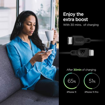 Spigen Apple Mfi Certified Usb C To Lightning Charge Sync Cable For Smartphone [0.9 Meters, 2 Pack - Black]