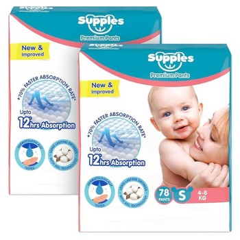 Amazon Brand - Supples Premium Baby Diaper Pants | 156 Baby Diapers | Small | 4-8 Kg | 78 x 2 Packs | 12 Hrs Absorption | Cushiony Cotton Soft Fabric | Phthalates-Free | Triple Leak Guard