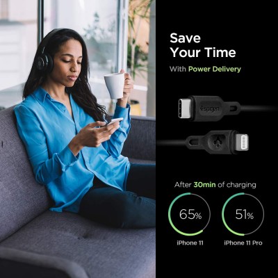 Spigen Apple Mfi Certified Usb C To Lightning Charge Sync Cable For Smartphone [0.9 Meters - Black]