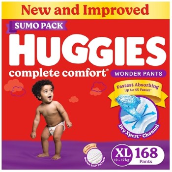 Huggies Complete Comfort Wonder Pants | Pant Style Baby Diapers XL Size, 168 Count | India's Fastest Absorbing Diaper, Patented Dry Xpert Channel, Ideal for 12 to 17 Kgs