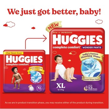Huggies Complete Comfort Wonder Pants | Pant Style Baby Diapers XL Size, 168 Count | India's Fastest Absorbing Diaper, Patented Dry Xpert Channel, Ideal for 12 to 17 Kgs Huggies Complete Comfort Wonder Pants | Pant Style Baby Diapers XL Size, 168 Count | India's Fastest Absorbing Diaper, Patented Dry Xpert Channel, Ideal for 12 to 17 Kgs