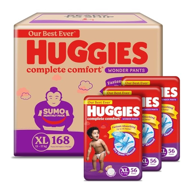 Huggies Complete Comfort Wonder Pants | Pant Style Baby Diapers XL Size, 168 Count | India's Fastest Absorbing Diaper, Patented Dry Xpert Channel, Ideal for 12 to 17 Kgs Huggies Complete Comfort Wonder Pants | Pant Style Baby Diapers XL Size, 168 Count | India's Fastest Absorbing Diaper, Patented Dry Xpert Channel, Ideal for 12 to 17 Kgs
