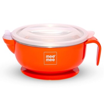 Mee Mee Stay Warm Baby Steel Bowl with Suction Base, Red (Pack of 1)