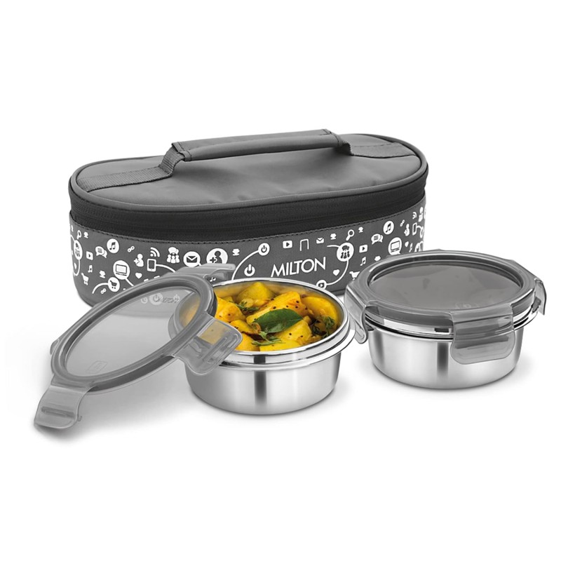 MILTON Lifestyle Lunch Box with Insulated Jacket, 2 Stainless Steel Containers with Clip Lock Lid (300 ml Each), Leak-Proof Tiffin for Office, School, College, Grey MILTON Lifestyle Lunch Box with Insulated Jacket, 2 Stainless Steel Containers with Clip Lock Lid (300 ml Each), Leak-Proof Tiffin for Office, School, College, Grey