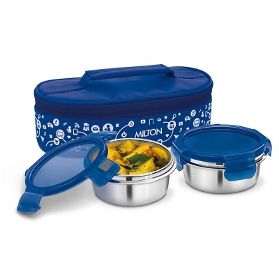 MILTON Lifestyle Lunch Box with Insulated Bag, 2 Stainless Steel Containers with Clip Lock Lid, 300 ml Each, Leak-Proof Tiffin for Office, School, College, Blue MILTON Lifestyle Lunch Box with Insulated Bag, 2 Stainless Steel Containers with Clip Lock Lid, 300 ml Each, Leak-Proof Tiffin for Office, School, College, Blue