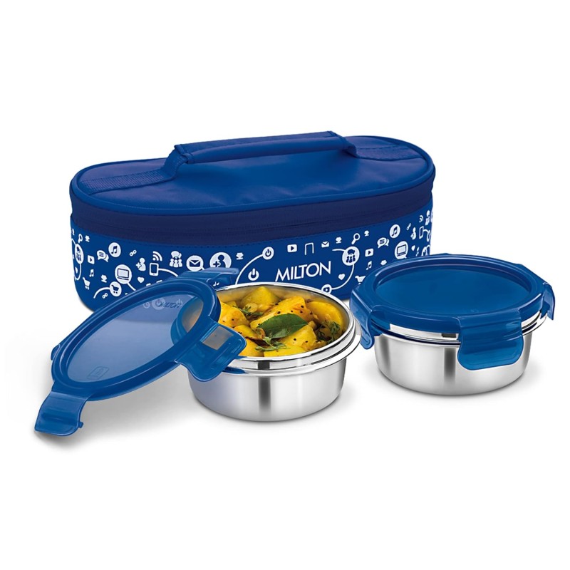 MILTON Lifestyle Lunch Box with Insulated Bag, 2 Stainless Steel Containers with Clip Lock Lid, 300 ml Each, Leak-Proof Tiffin for Office, School, College, Blue MILTON Lifestyle Lunch Box with Insulated Bag, 2 Stainless Steel Containers with Clip Lock Lid, 300 ml Each, Leak-Proof Tiffin for Office, School, College, Blue
