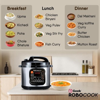 Geek Robocook Zeta 11-in-1 Automatic Electric Pressure Cooker 5 L | 2 Year Warranty | 13 Indian Preset Menu, Instant Electric Cooker Pot, Multipurpose Electric Rice Cooker (Stainless Steel, 5 Litre) Geek Robocook Zeta 11-in-1 Automatic Electric Pressure Cooker 5 L | 2 Year Warranty | 13 Indian Preset Menu, Instant Electric Cooker Pot, Multipurpose Electric Rice Cooker (Stainless Steel, 5 Litre)