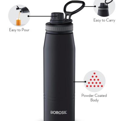 Borosil Hydra GoSports 900 ml Stainless Steel Wate Bottle | Double Wall Vacuum Insulated Flask, Black | 14 Hrs Hot & 18 Hours Cold | Ideal for Personal & Corporate Gifting