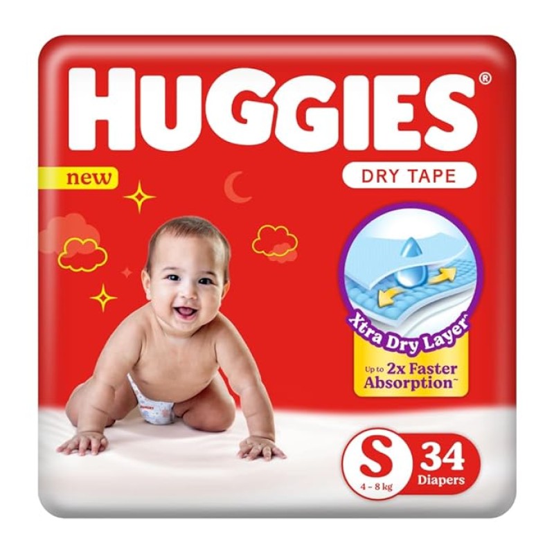Huggies Dry Tape | Adjustable Tape Style Diapers, Small (S) Size (4-8 Kgs), Pack of 34 | Up To 2X Faster Absorption, Up To 12 Hours Overnight Absorption unisex Huggies Dry Tape | Adjustable Tape Style Diapers, Small (S) Size (4-8 Kgs), Pack of 34 | Up To 2X Faster Absorption, Up To 12 Hours Overnight Absorption unisex
