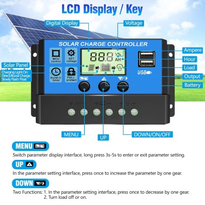 ELEPHANTBOAT ® 10A 12V 24V ABS Solar Panel Charger Controller Battery Dual USB LCD Display Regulator (Blue) ELEPHANTBOAT ® 10A 12V 24V ABS Solar Panel Charger Controller Battery Dual USB LCD Display Regulator (Blue)