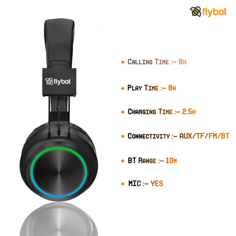 Flybot Alpha Wireless Over Ear Bluethooth Headphone with Mic IPX5 Rated with HD Sound and LED Light Design (Black) Flybot Alpha Wireless Over Ear Bluethooth Headphone with Mic IPX5 Rated with HD Sound and LED Light Design (Black)