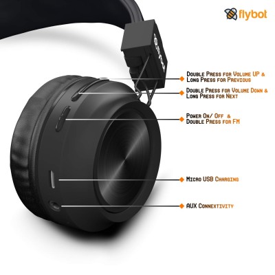 Flybot Alpha Wireless Over Ear Bluethooth Headphone with Mic IPX5 Rated with HD Sound and LED Light Design (Black) Flybot Alpha Wireless Over Ear Bluethooth Headphone with Mic IPX5 Rated with HD Sound and LED Light Design (Black)