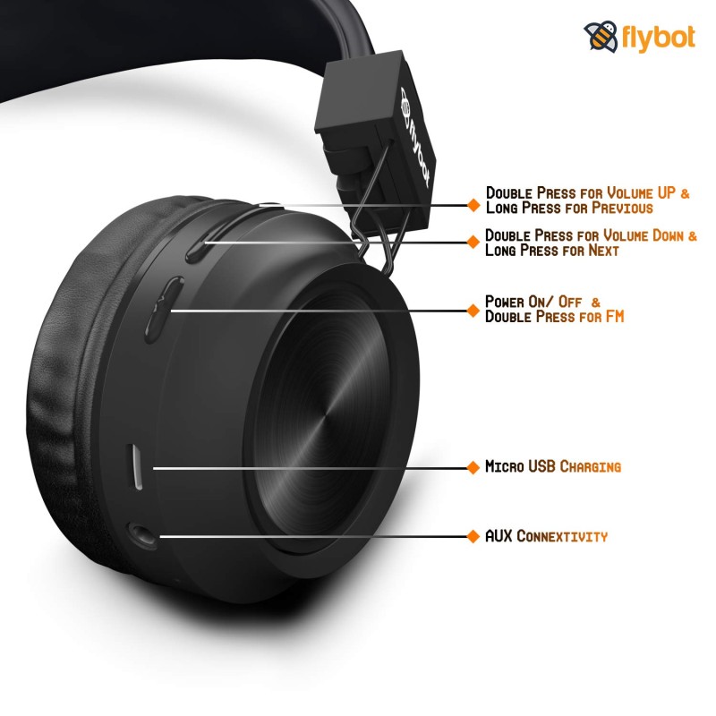 Flybot Alpha Wireless Over Ear Bluethooth Headphone with Mic IPX5 Rated with HD Sound and LED Light Design (Black) Flybot Alpha Wireless Over Ear Bluethooth Headphone with Mic IPX5 Rated with HD Sound and LED Light Design (Black)