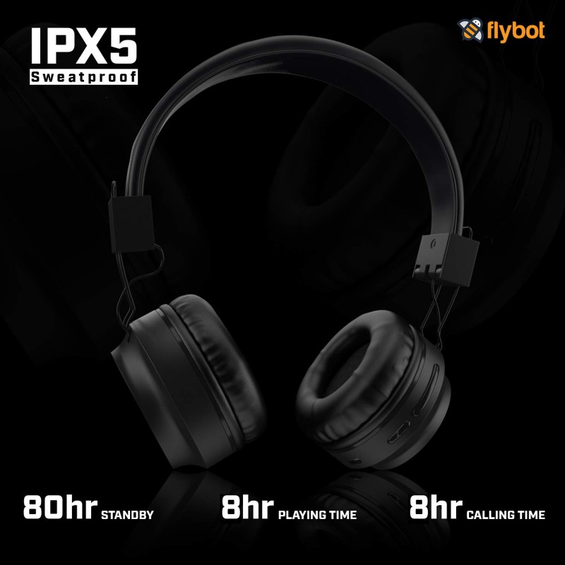 Flybot Alpha Wireless Over Ear Bluethooth Headphone with Mic IPX5 Rated with HD Sound and LED Light Design (Black) Flybot Alpha Wireless Over Ear Bluethooth Headphone with Mic IPX5 Rated with HD Sound and LED Light Design (Black)