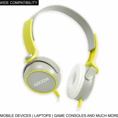 Adcom AD-28038 Junior Wired On-Ear Stereo Headphones with Microphone, Adjustable Leather Padded Cushions and 40mm Drivers (Grey/Green)