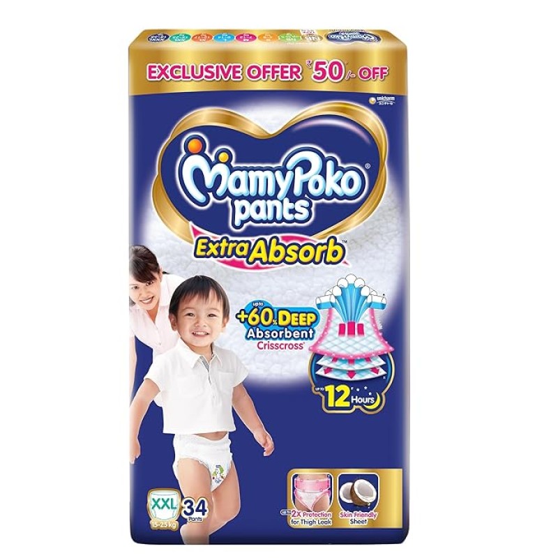MamyPoko Pants Extra Absorb Baby Diapers, Extra Extra Large (XXL Size) | 15-25 kg | 34 Count |Deep Sleep Diapers| Soft Gentle fit |Deep Absorbent Crisscross | Skin Friendly with Coconut Oil | MamyPoko Pants Extra Absorb Baby Diapers, Extra Extra Large (XXL Size) | 15-25 kg | 34 Count |Deep Sleep Diapers| Soft Gentle fit |Deep Absorbent Crisscross | Skin Friendly with Coconut Oil |