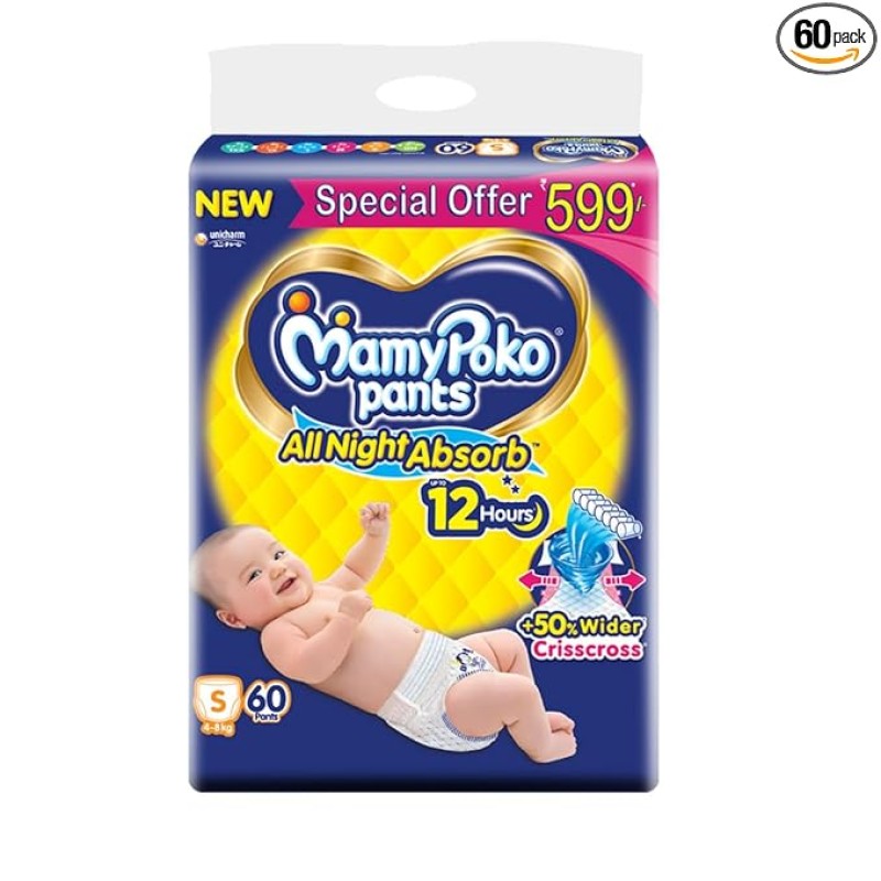 MamyPoko Pants All Night Absorb Baby Diapers, Small (S), 60 Count 4-8 Kg MamyPoko Pants All Night Absorb Baby Diapers, Small (S), 60 Count 4-8 Kg