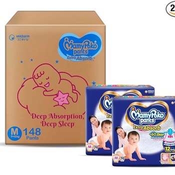 MamyPoko Pants Extra Absorb Baby Diapers, Medium (M size) | 7-12 kg | 148 Count |Deep Sleep Diapers| Soft gentle fit |Deep Absorbent Crisscross | skin