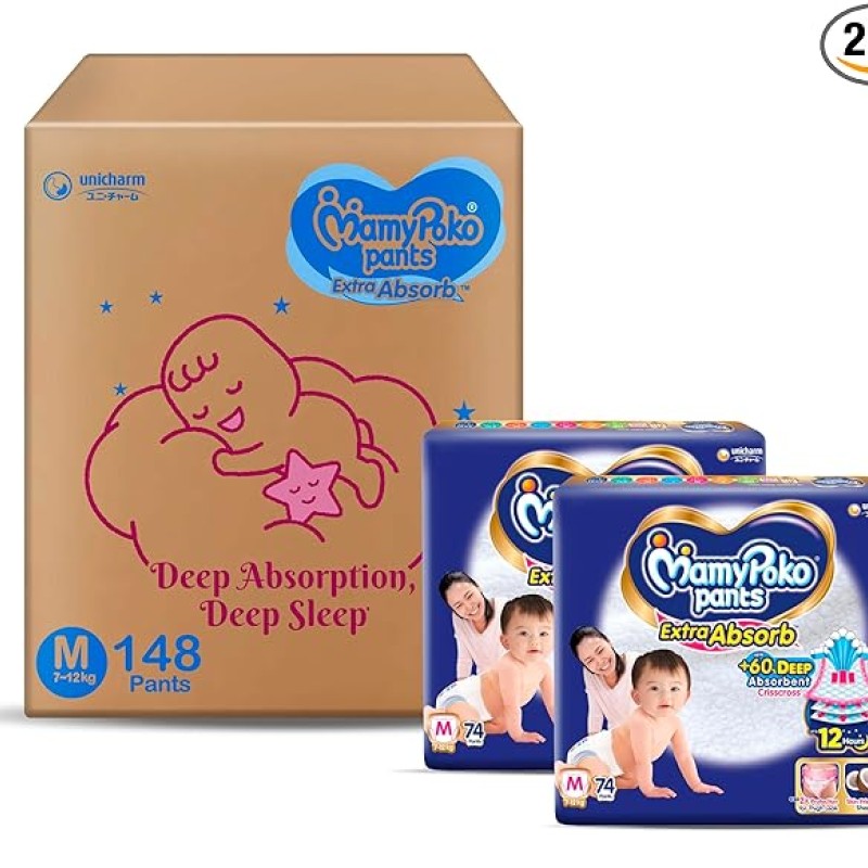 MamyPoko Pants Extra Absorb Baby Diapers, Medium (M size) | 7-12 kg | 148 Count |Deep Sleep Diapers| Soft gentle fit |Deep Absorbent Crisscross | skin MamyPoko Pants Extra Absorb Baby Diapers, Medium (M size) | 7-12 kg | 148 Count |Deep Sleep Diapers| Soft gentle fit |Deep Absorbent Crisscross | skin