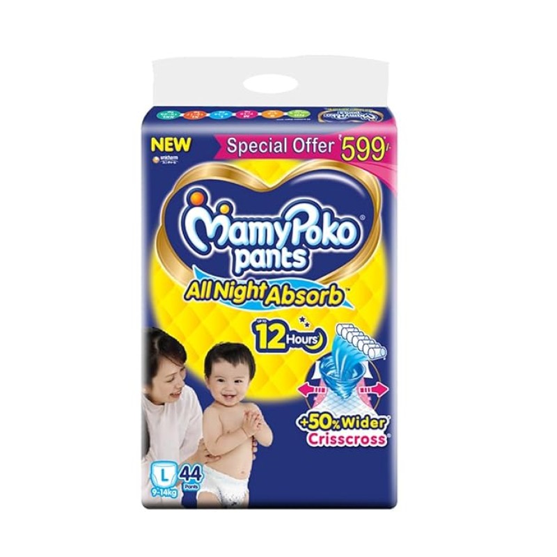 MamyPoko Pants All Night Absorb Baby Diapers, Large (L), 44 Count 9-14 kg MamyPoko Pants All Night Absorb Baby Diapers, Large (L), 44 Count 9-14 kg