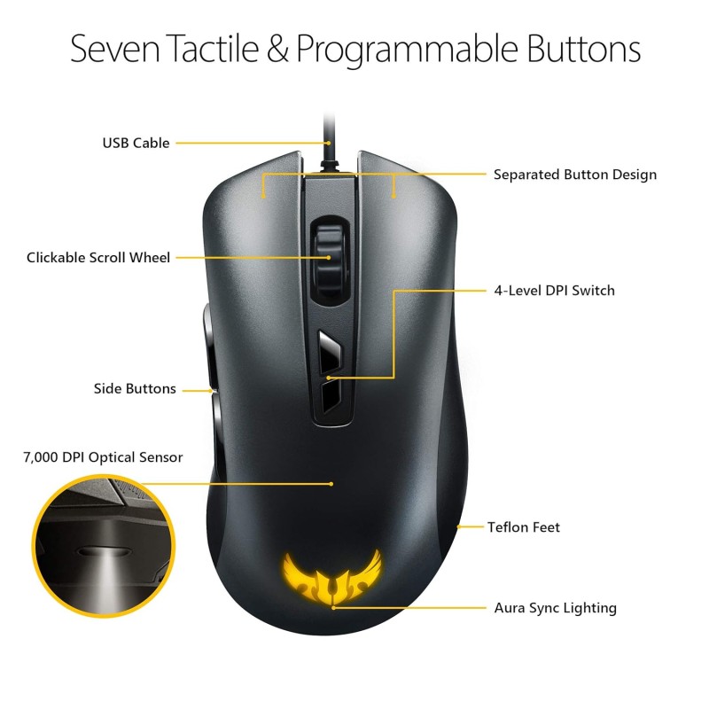 ASUS TUF Gaming M3 Optical USB RGB Gaming Mouse Featuring A 7000 DPI Optical Sensor, 7 Programmable Buttons, 4-Level DPI Switch and Aura Sync RGB Lighting ASUS TUF Gaming M3 Optical USB RGB Gaming Mouse Featuring A 7000 DPI Optical Sensor, 7 Programmable Buttons, 4-Level DPI Switch and Aura Sync RGB Lighting