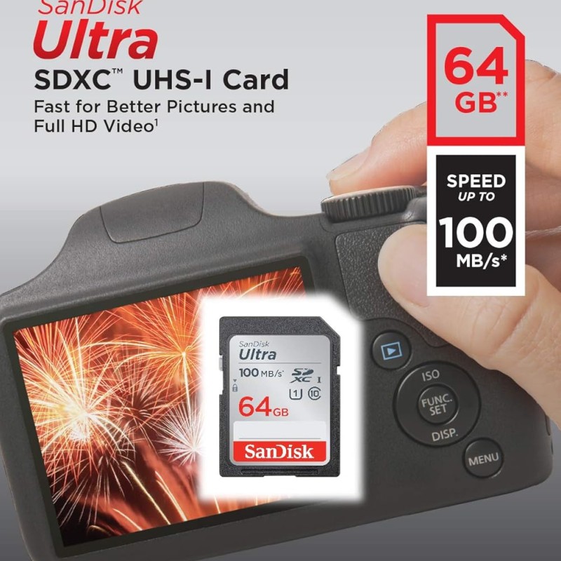 SanDisk 64GB Ultra SDXC UHS-I Memory Card - 100MB/s, C10, U1, Full HD, SD Card - SDSDUNR-064G-GN6IN SanDisk 64GB Ultra SDXC UHS-I Memory Card - 100MB/s, C10, U1, Full HD, SD Card - SDSDUNR-064G-GN6IN