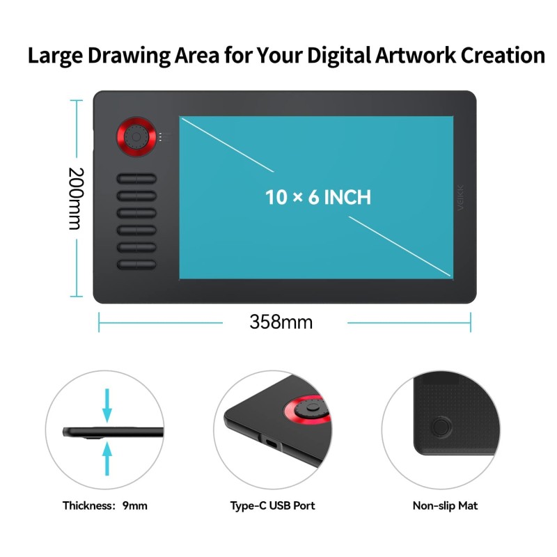 VEIKK A15PRO Graphic Drawing Pen Tablet 10 * 6 inch with 12 Hotkeys and a Quick Dial Support Windows, Mac, Linux, Android Mobile, Tilt Pressure (8192 Level Pressure Battery -Free Stylus) (Red) VEIKK A15PRO Graphic Drawing Pen Tablet 10 * 6 inch with 12 Hotkeys and a Quick Dial Support Windows, Mac, Linux, Android Mobile, Tilt Pressure (8192 Level Pressure Battery -Free Stylus) (Red)