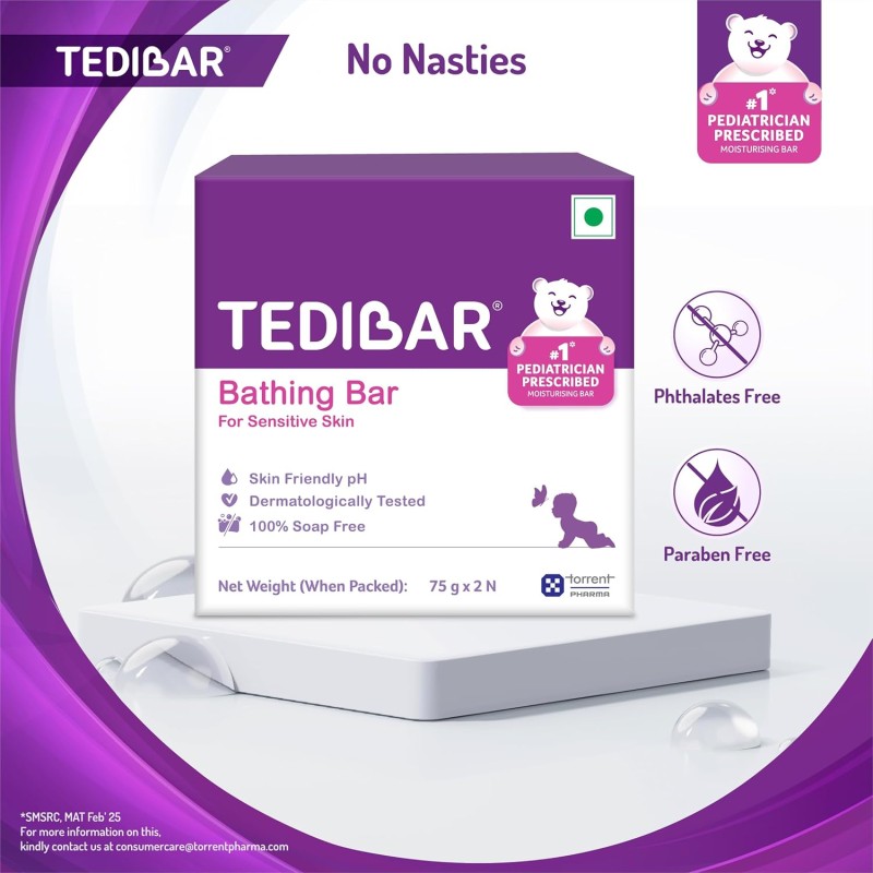 Tedibar Baby Bathing Bar | For Baby�s Sensitive Skin | Gentle Cleansing, Skin-friendly, pH 5.5, 75gm, Pack of 2 Tedibar Baby Bathing Bar | For Baby�s Sensitive Skin | Gentle Cleansing, Skin-friendly, pH 5.5, 75gm, Pack of 2