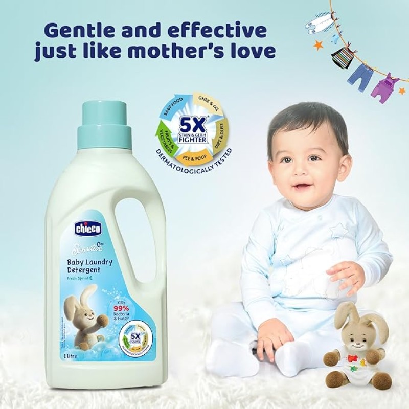 Chicco Baby Liquid Laundry Detergent, 5X Stain & Germ Fighter, Kills 99% Of Germs, Dermatologically Tested For Effective & Gentle Cleaning, Fresh Spring (1 L) Chicco Baby Liquid Laundry Detergent, 5X Stain & Germ Fighter, Kills 99% Of Germs, Dermatologically Tested For Effective & Gentle Cleaning, Fresh Spring (1 L)