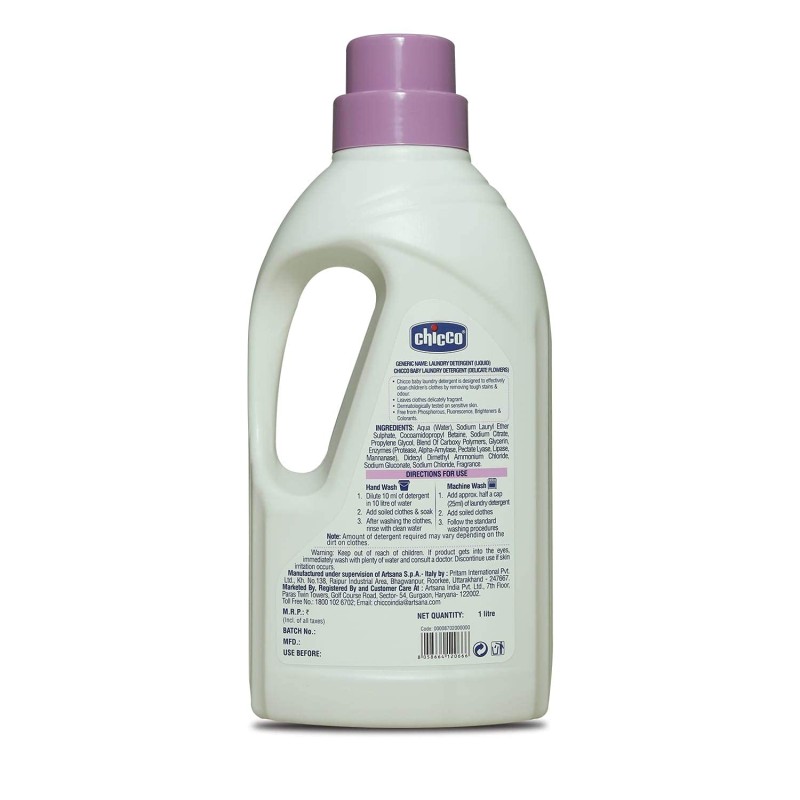Chicco Sensitive Baby Laundry Detergent, Delicate Flowers Fragrance, 1L | Liquid Detergent for Baby Clothes | Kills 99% Barteria and Fungi | 5X Stain Fighter | Free From Harsh Chemicals & Colorants Chicco Sensitive Baby Laundry Detergent, Delicate Flowers Fragrance, 1L | Liquid Detergent for Baby Clothes | Kills 99% Barteria and Fungi | 5X Stain Fighter | Free From Harsh Chemicals & Colorants