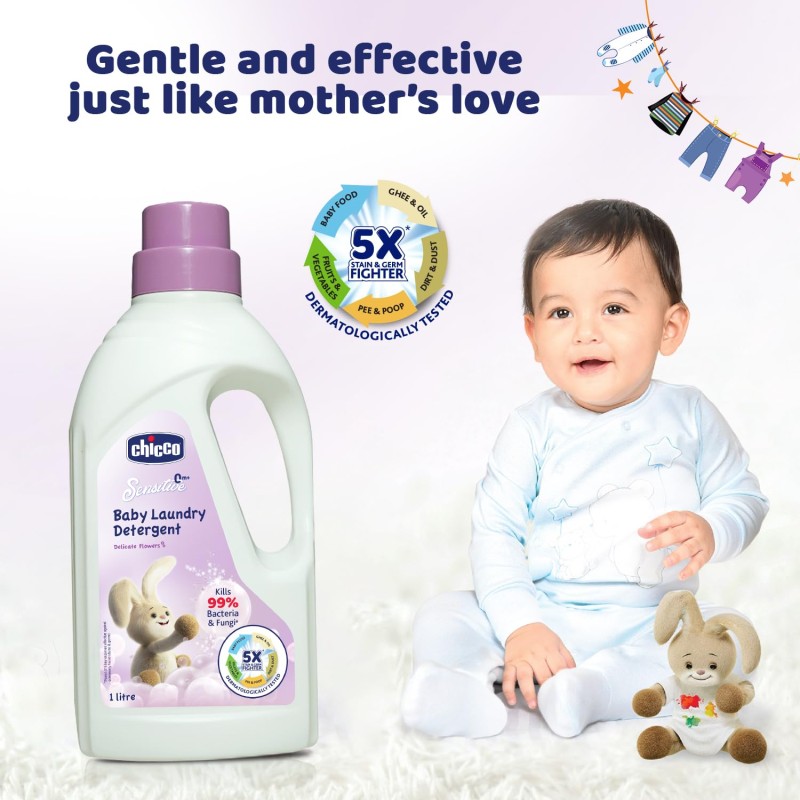 Chicco Sensitive Baby Laundry Detergent, Delicate Flowers Fragrance, 1L | Liquid Detergent for Baby Clothes | Kills 99% Barteria and Fungi | 5X Stain Fighter | Free From Harsh Chemicals & Colorants Chicco Sensitive Baby Laundry Detergent, Delicate Flowers Fragrance, 1L | Liquid Detergent for Baby Clothes | Kills 99% Barteria and Fungi | 5X Stain Fighter | Free From Harsh Chemicals & Colorants