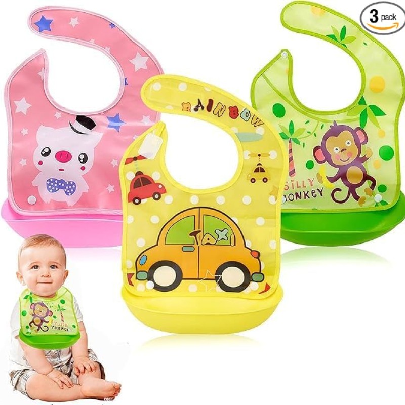 BabyGo Silicone Baby Bibs | Adjustable Neckline Feeding Apron Bibs, Detachable, Waterproof, Washable, BPA-Free & Reusable Soft Silicone Bibs for Infants & Toddlers | Set of 3 BabyGo Silicone Baby Bibs | Adjustable Neckline Feeding Apron Bibs, Detachable, Waterproof, Washable, BPA-Free & Reusable Soft Silicone Bibs for Infants & Toddlers | Set of 3