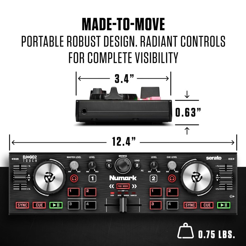Numark DJ2GO2 Touch | Compact 2 Deck USB DJ Controller For Serato DJ with a Mixer/Crossfader, Audio Interface and Touch Capacitive Jog Wheels Numark DJ2GO2 Touch | Compact 2 Deck USB DJ Controller For Serato DJ with a Mixer/Crossfader, Audio Interface and Touch Capacitive Jog Wheels