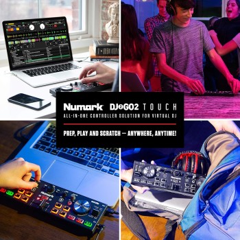 Numark DJ2GO2 Touch | Compact 2 Deck USB DJ Controller For Serato DJ with a Mixer/Crossfader, Audio Interface and Touch Capacitive Jog Wheels Numark DJ2GO2 Touch | Compact 2 Deck USB DJ Controller For Serato DJ with a Mixer/Crossfader, Audio Interface and Touch Capacitive Jog Wheels
