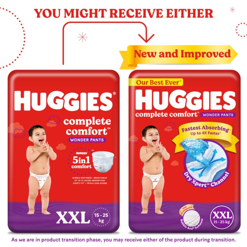 Huggies Complete Comfort Wonder Pants | Pant Style Baby Diapers XXL Size, 48 Count | India's Fastest Absorbing Diaper, Patented Dry Xpert Channel, Ideal for 15 to 25 Kgs Huggies Complete Comfort Wonder Pants | Pant Style Baby Diapers XXL Size, 48 Count | India's Fastest Absorbing Diaper, Patented Dry Xpert Channel, Ideal for 15 to 25 Kgs