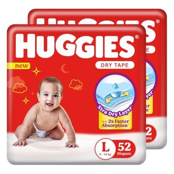 Huggies Complete Comfort Dry Tape Large (L) Size Baby Tape Diapers, Combo Pack of 2, 52 count per pack, 104 count, with 5 in 1 Comfort