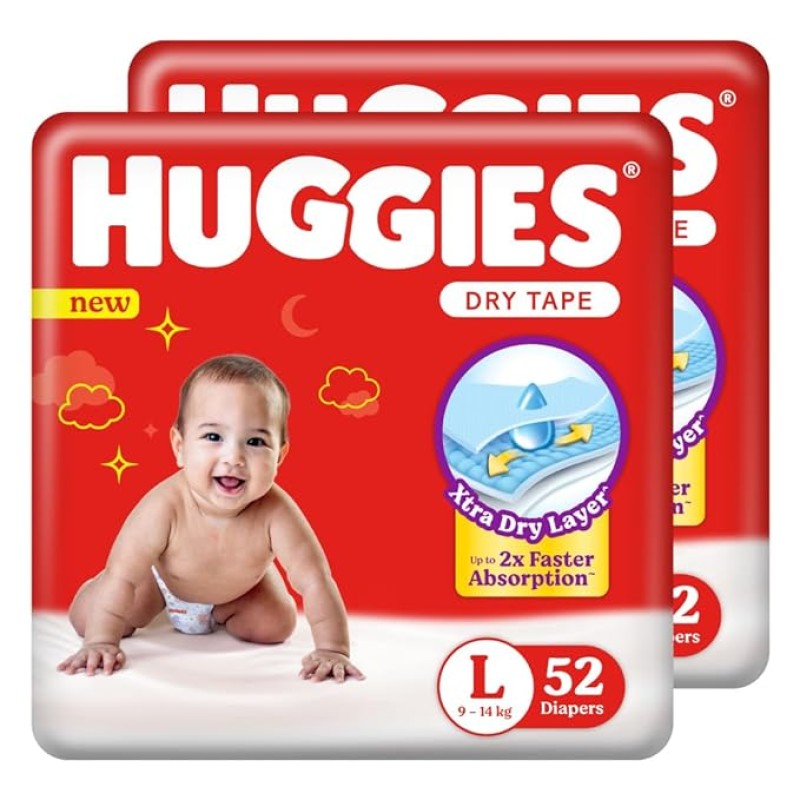 Huggies Complete Comfort Dry Tape Large (L) Size Baby Tape Diapers, Combo Pack of 2, 52 count per pack, 104 count, with 5 in 1 Comfort Huggies Complete Comfort Dry Tape Large (L) Size Baby Tape Diapers, Combo Pack of 2, 52 count per pack, 104 count, with 5 in 1 Comfort