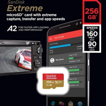 SanDisk 256GB Extreme MicroSDXC UHS-I Memory Card - C10, U3, V30, 4K, A2, Micro SD - SDSQXA1-256G-GN6MN