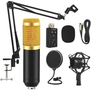 Powerpak BM-800 Professional Condenser Microphone Kit with Scissor Stand Sound Card Pop Filter XLR Cable Foam Cap and Shock Mount (Black)