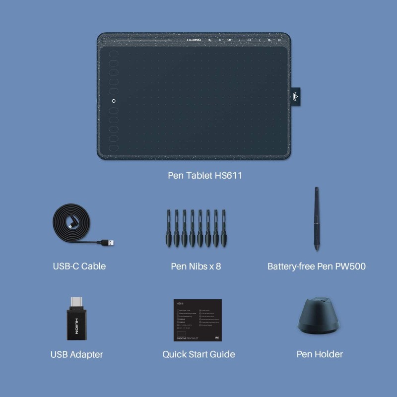 HUION HS611 Graphics Drawing Tablet 10X6 inch with 8192 Levels Battery-Free Pen, 8 Multimedia Keys and 10 Press Keys, Support Android, Ideal Use for Distance Education and Wed Conference (Blue) HUION HS611 Graphics Drawing Tablet 10X6 inch with 8192 Levels Battery-Free Pen, 8 Multimedia Keys and 10 Press Keys, Support Android, Ideal Use for Distance Education and Wed Conference (Blue)
