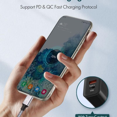 Wayona Type C To Type C Fast Charging Cable 65W/3.25A Usb C Nylon Braided Cord Compatible For Smartphone (Samsung Galaxy S22 S21 S20 Fe S10 M33 M51 M31 A73 A51 Note 20 10/Note 20 10 Plus) (1M, Grey)