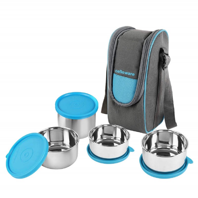 CELLO Steelox Stainless Steel Lunch Box Set of 4 with Bag (Capacities - 225ml, 375ml x 2, 550ml), Blue | Tiffin Box with Jacket | Leakproof | Easy to Carry | Ideal for Office, School, College CELLO Steelox Stainless Steel Lunch Box Set of 4 with Bag (Capacities - 225ml, 375ml x 2, 550ml), Blue | Tiffin Box with Jacket | Leakproof | Easy to Carry | Ideal for Office, School, College