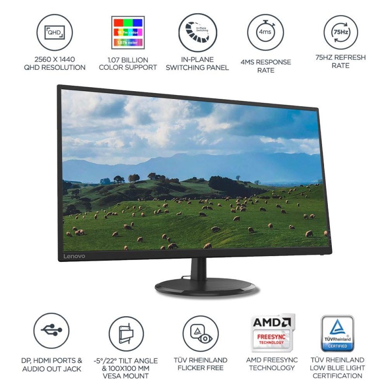 Lenovo - D32Q-20 D-Series 31.5 Inch (80Cm) 2K Qhd2560 X 1440 Pixels, Ips Monitor | 1.07 Billion Colors, 75Hz, 4Ms, Amd Freesync, Hdmi, Dp, Tilt, Vesa Wall Mount, Tuv Certified Eye Comfort, Raven Black Lenovo - D32Q-20 D-Series 31.5 Inch (80Cm) 2K Qhd2560 X 1440 Pixels, Ips Monitor | 1.07 Billion Colors, 75Hz, 4Ms, Amd Freesync, Hdmi, Dp, Tilt, Vesa Wall Mount, Tuv Certified Eye Comfort, Raven Black