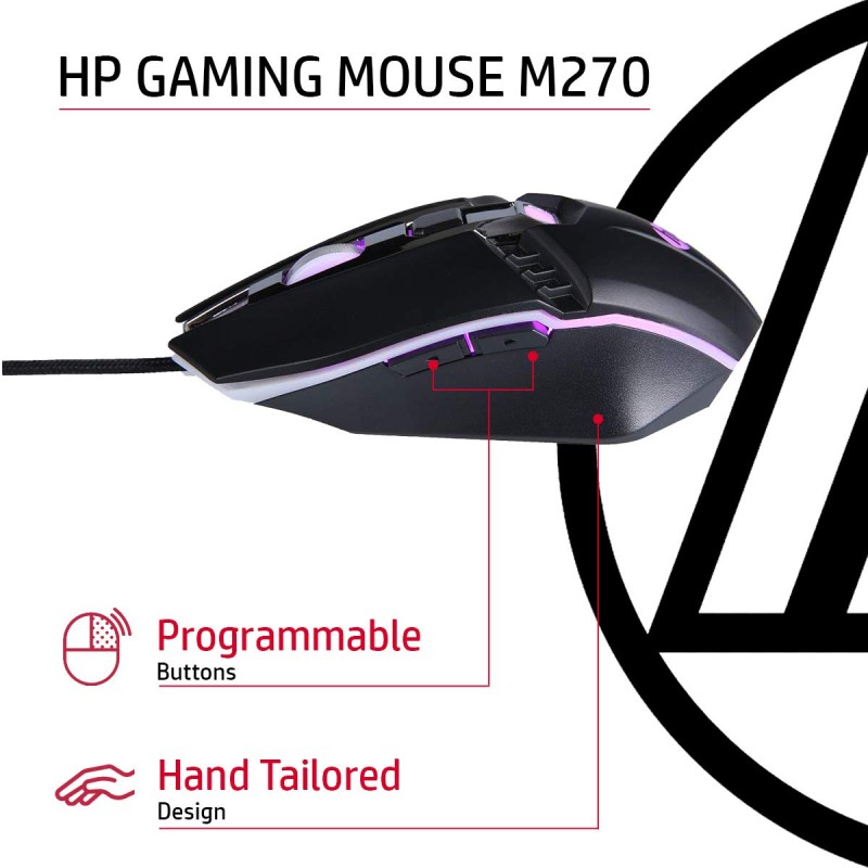 HP M270 Backlit USB Wired Gaming Mouse with 6 Buttons, 4-Speed Customizable 2400 DPI, Ergonomic Design, Breathing LED Lighting, Metal Scroll Wheel, Lightweighted / 3 Years Warranty (7ZZ87AA), Black HP M270 Backlit USB Wired Gaming Mouse with 6 Buttons, 4-Speed Customizable 2400 DPI, Ergonomic Design, Breathing LED Lighting, Metal Scroll Wheel, Lightweighted / 3 Years Warranty (7ZZ87AA), Black