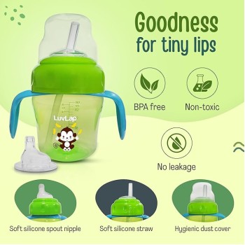 LuvLap Banana Time 150ml Anti Spill, Interchangeable Sipper / Sippy Cup with Soft Silicone Spout and Straw BPA Free, 6m+ (Green)