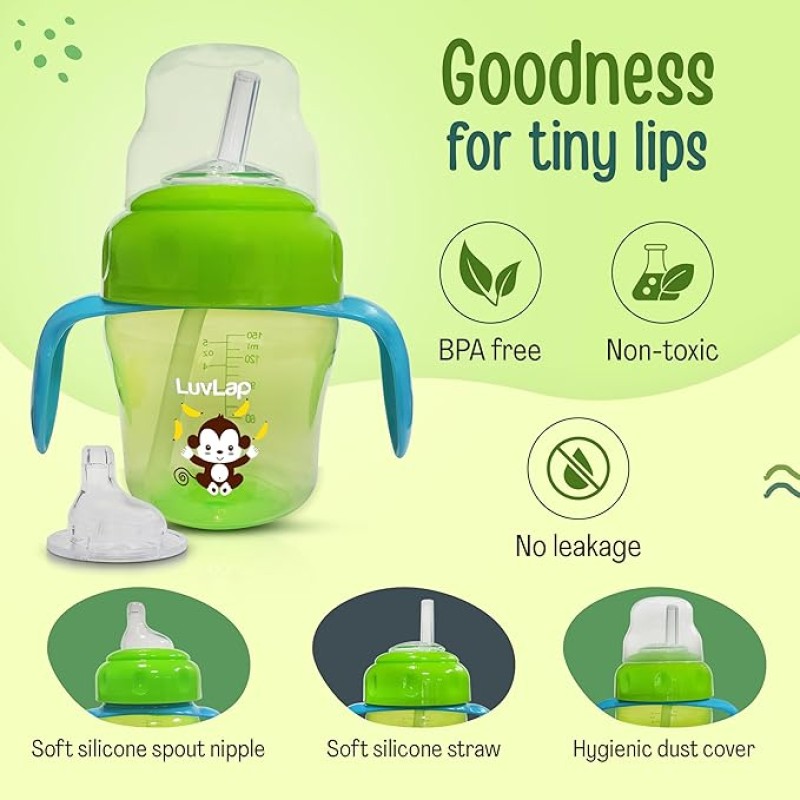 LuvLap Banana Time 150ml Anti Spill, Interchangeable Sipper / Sippy Cup with Soft Silicone Spout and Straw BPA Free, 6m+ (Green) LuvLap Banana Time 150ml Anti Spill, Interchangeable Sipper / Sippy Cup with Soft Silicone Spout and Straw BPA Free, 6m+ (Green)