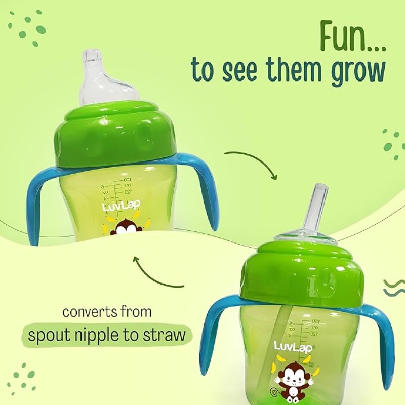 LuvLap Banana Time 150ml Anti Spill, Interchangeable Sipper / Sippy Cup with Soft Silicone Spout and Straw BPA Free, 6m+ (Green) LuvLap Banana Time 150ml Anti Spill, Interchangeable Sipper / Sippy Cup with Soft Silicone Spout and Straw BPA Free, 6m+ (Green)