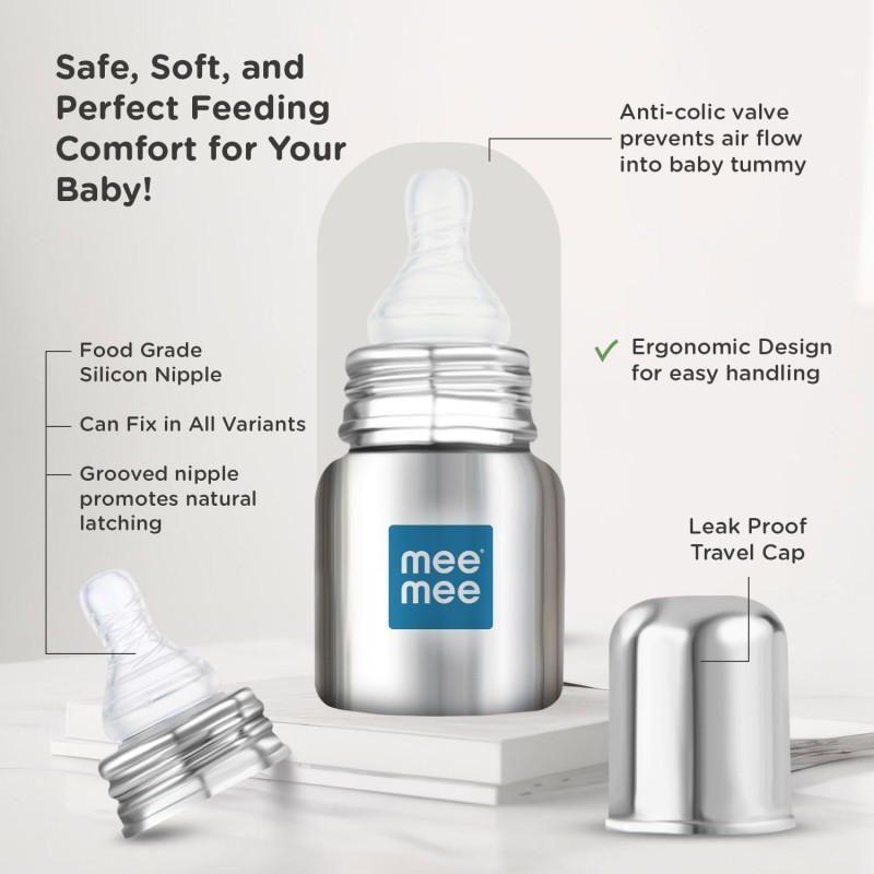 Mee Mee Baby Steel Feeding Bottle 120ml | Baby Milk Bottle with Advanced Anti Colic Valve, BPA Free, Soft Silicone Teat, Slim Neck for Babies/Infants/Newborns of 0-2 Years Mee Mee Baby Steel Feeding Bottle 120ml | Baby Milk Bottle with Advanced Anti Colic Valve, BPA Free, Soft Silicone Teat, Slim Neck for Babies/Infants/Newborns of 0-2 Years