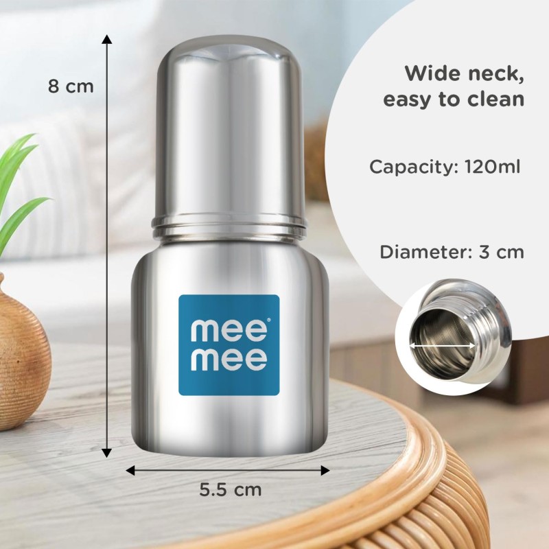 Mee Mee Baby Steel Feeding Bottle 120ml | Baby Milk Bottle with Advanced Anti Colic Valve, BPA Free, Soft Silicone Teat, Slim Neck for Babies/Infants/Newborns of 0-2 Years Mee Mee Baby Steel Feeding Bottle 120ml | Baby Milk Bottle with Advanced Anti Colic Valve, BPA Free, Soft Silicone Teat, Slim Neck for Babies/Infants/Newborns of 0-2 Years